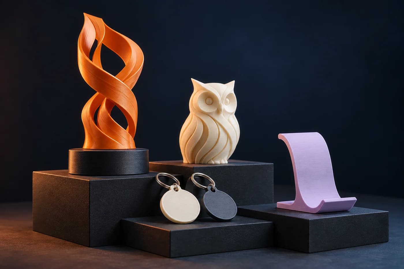 Composição conceitual com troféu escultural, figura de coruja, chaveiros e expositor